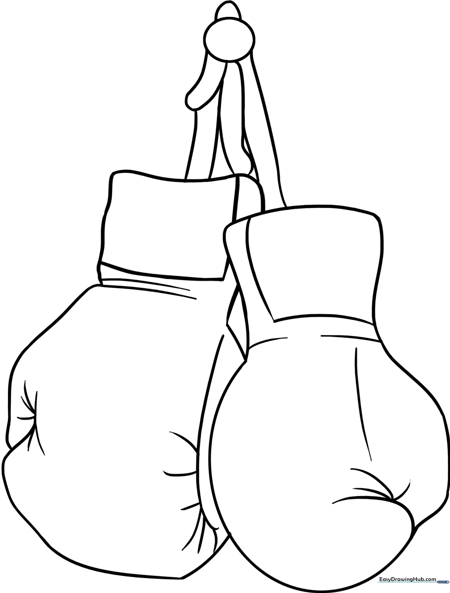 Black and white line art of a pair of boxing gloves with thick outlines, designed for children to color.