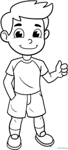 Black and white line art of a smiling boy standing, designed for children to color with crayons or markers.