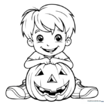 Line art illustration of a smiling boy standing next to a large, round Halloween pumpkin, designed for children to color.
