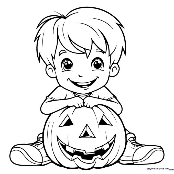 Line art illustration of a smiling boy standing next to a large, round Halloween pumpkin, designed for children to color.