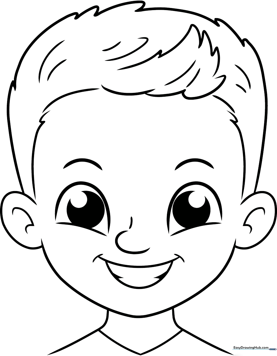 Clean line art of a friendly boy's face with expressive eyes and hair, ready for children to color with crayons or markers.