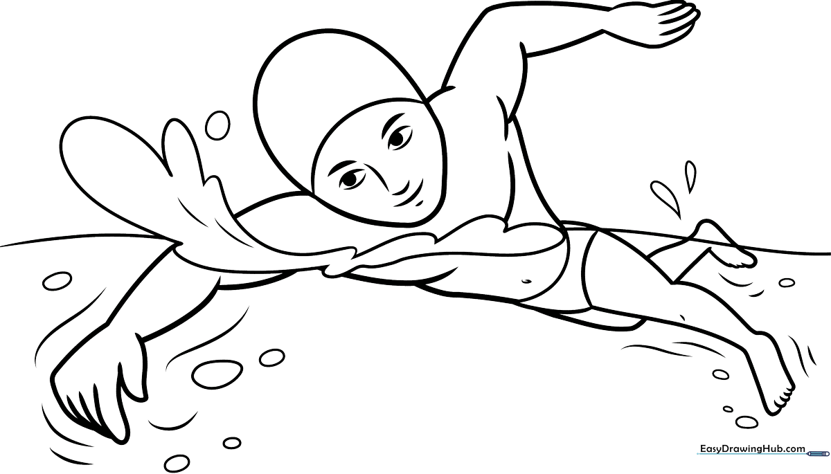 Line art illustration of a happy boy swimming with arms outstretched, surrounded by stylized water ripples, ready for coloring.
