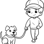 A line-art coloring page featuring a young boy holding a leash attached to a happy, walking dog, designed with clear, bold outlines for easy coloring.