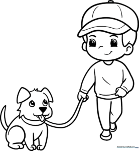 A line-art coloring page featuring a young boy holding a leash attached to a happy, walking dog, designed with clear, bold outlines for easy coloring.