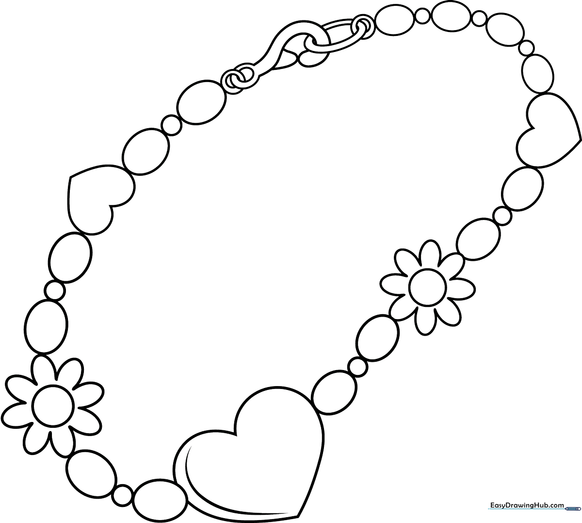 Black and white line art of a beaded charm bracelet featuring circular beads and a central heart charm, designed for children to color.