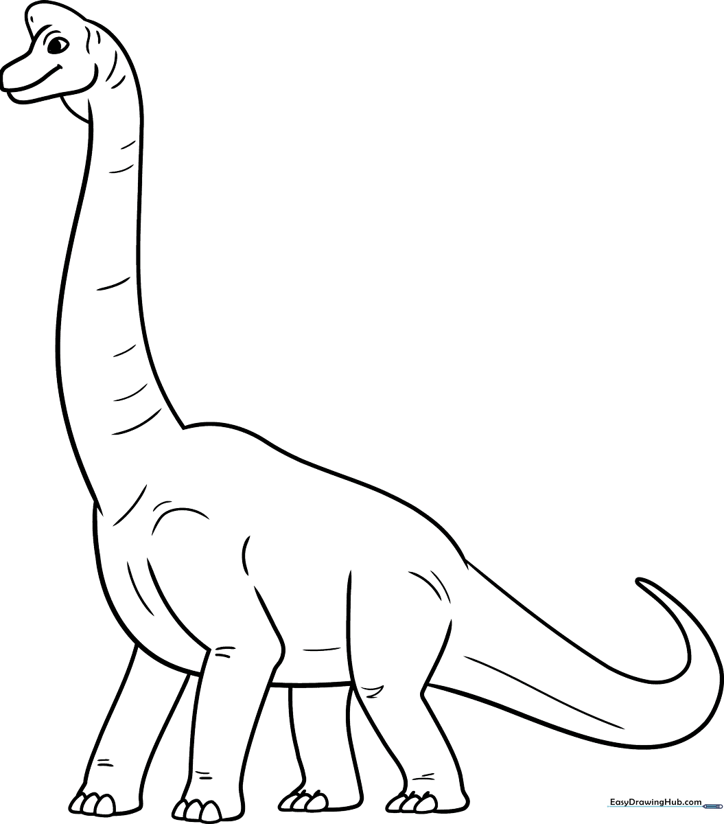 A friendly cartoon Brachiosaurus with a long neck and spotted back, featuring bold outlines for easy coloring by children.