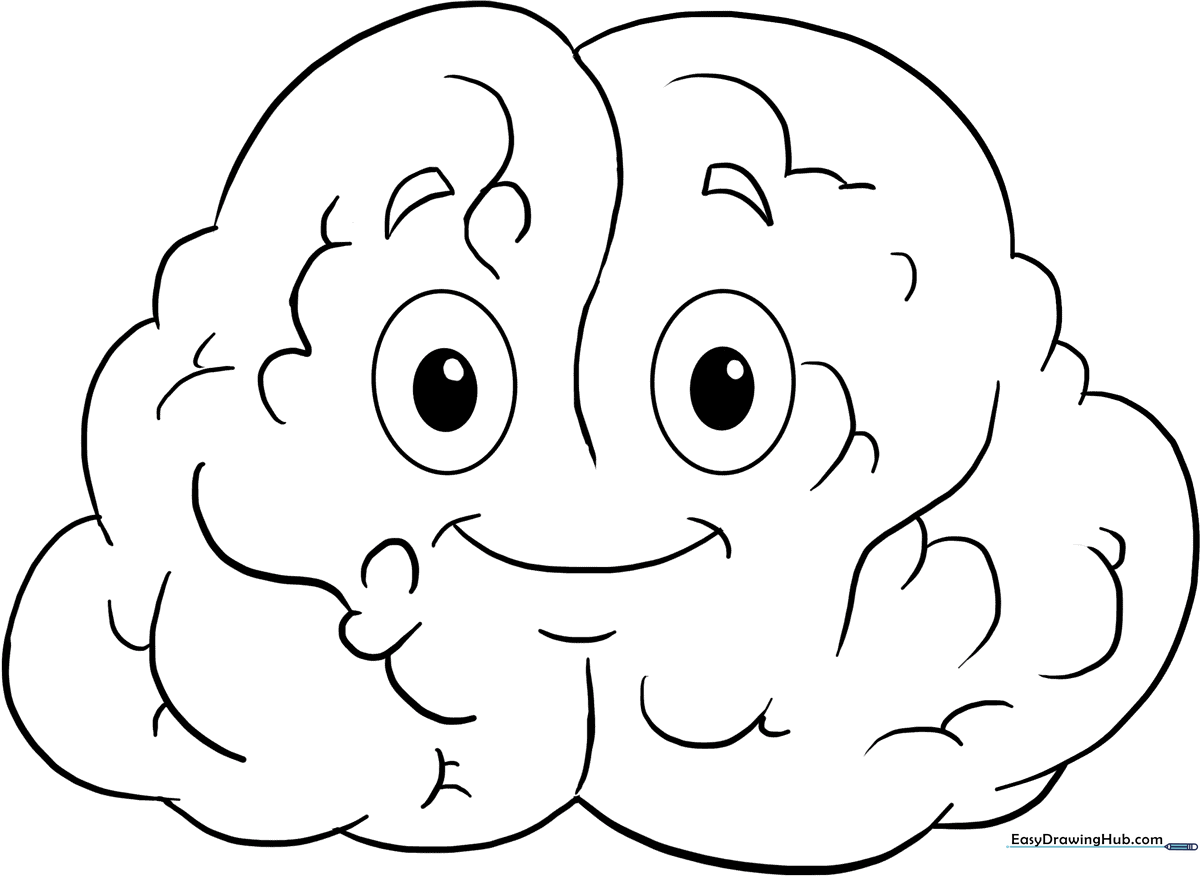 A clean, simple line-art illustration of a human brain with friendly, rounded contours for easy coloring by young children.