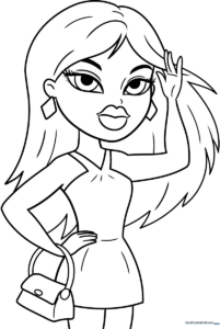 Detailed line art of a stylish Bratz doll with large expressive eyes and trendy hair, ready for coloring with markers or crayons.