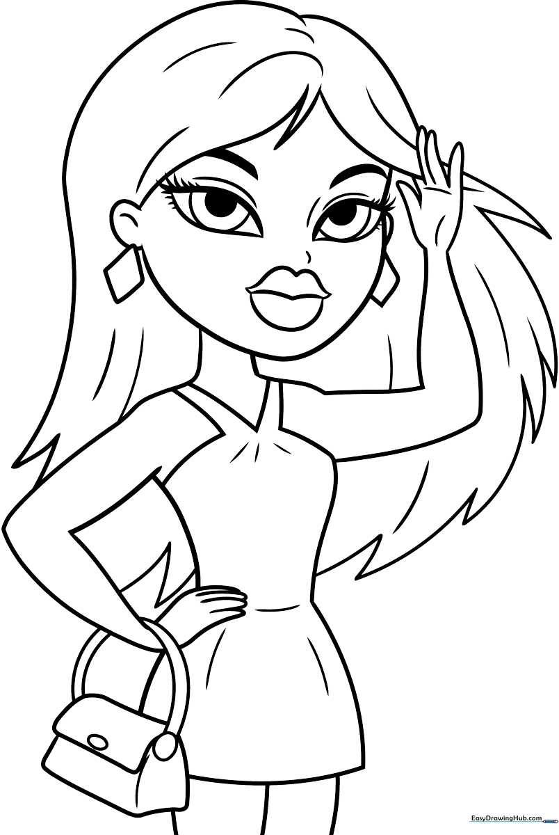 Detailed line art of a stylish Bratz doll with large expressive eyes and trendy hair, ready for coloring with markers or crayons.