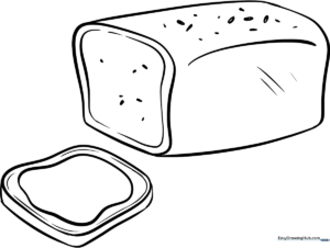 A clean, black-and-white line art illustration of a loaf of bread with a crusty top, designed for children to color.