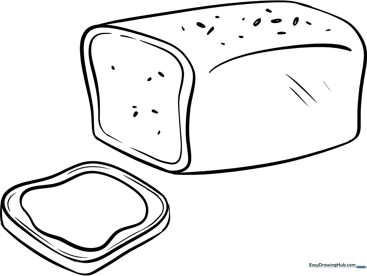A clean, black-and-white line art illustration of a loaf of bread with a crusty top, designed for children to color.