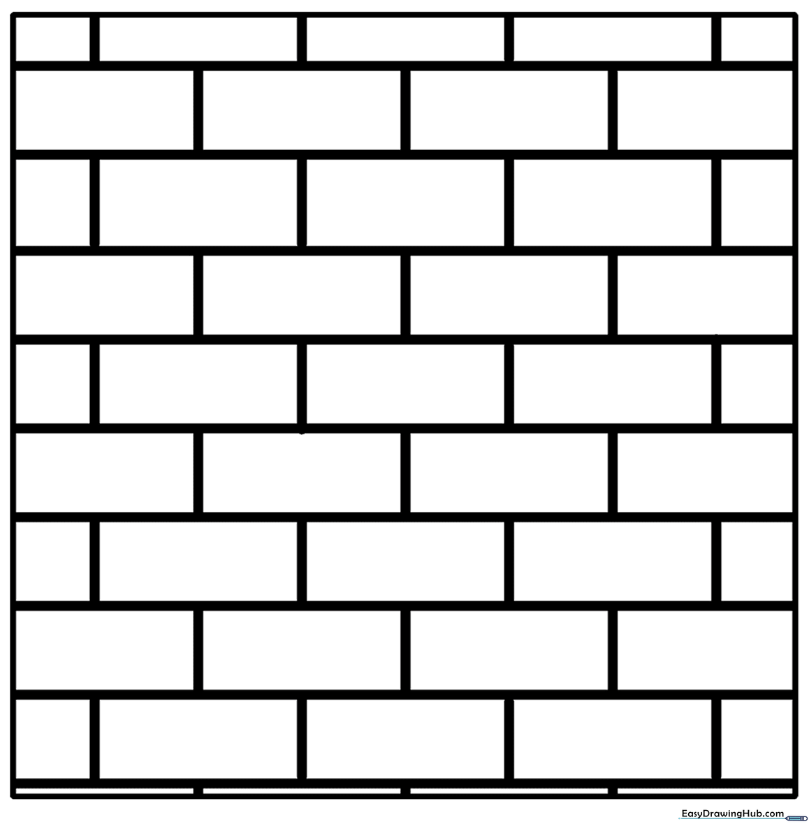 Black and white line art of a repeating brick wall pattern, designed for children to practice coloring within the lines.