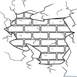 Black and white line art of a repeating brick wall pattern, designed for children to practice coloring within defined rectangular shapes.