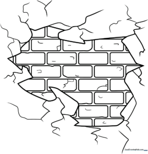 Black and white line art of a repeating brick wall pattern, designed for children to practice coloring within defined rectangular shapes.
