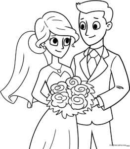 Black and white line art of a bride and groom standing side-by-side, featuring clear outlines for easy coloring by children.