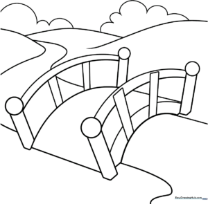 A clean, black-and-white line art illustration of a simple arched bridge over water, designed for children to color.