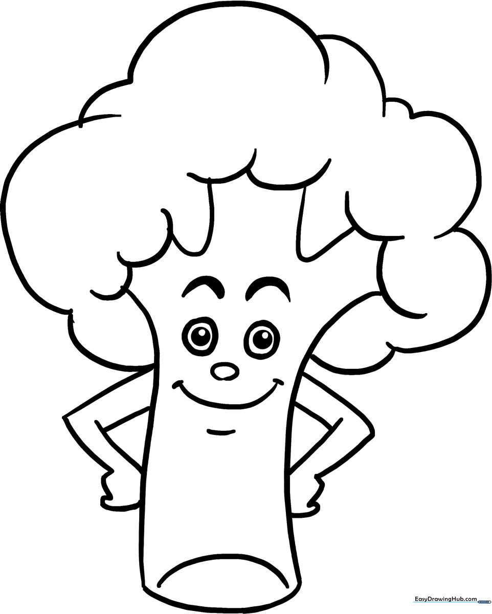 Clean line art of a broccoli floret with a thick stalk, designed for children to color with markers or crayons.