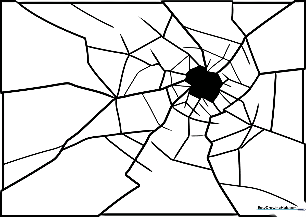Black and white line art of shattered glass shards with sharp, angular edges, designed for children to color and practice fine motor skills.