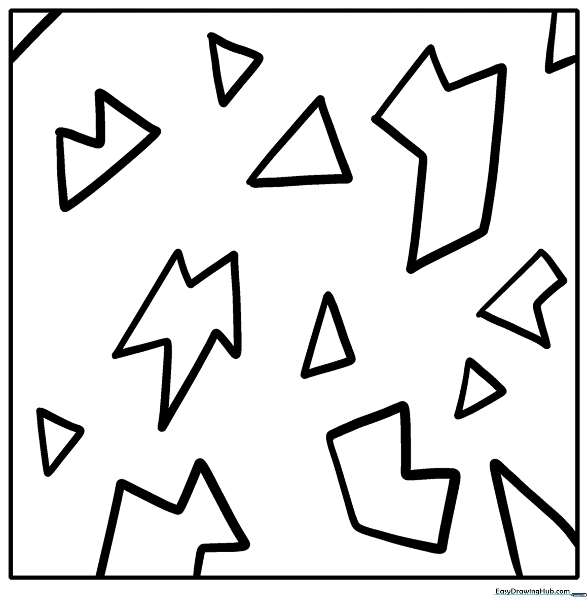 Black and white line art of a broken glass pattern featuring various triangular and polygonal shards for children to color.