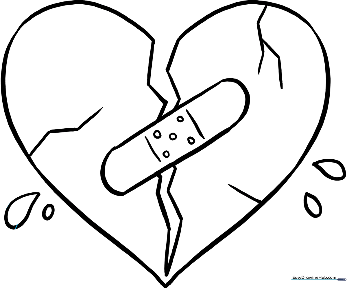 Bold line art of a broken heart with a jagged crack down the center, designed for children to color and customize.