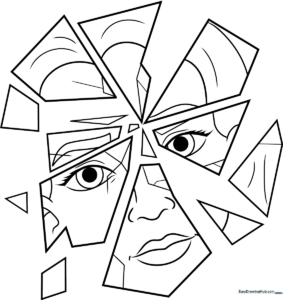 Black and white line art of a circular mirror with multiple jagged cracks creating geometric shards, perfect for children's coloring activities.