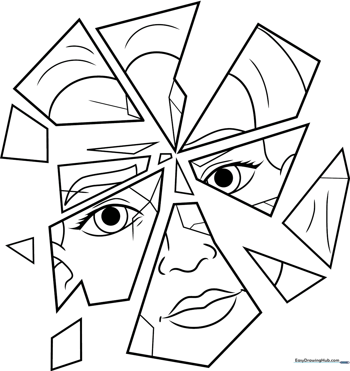 Black and white line art of a circular mirror with multiple jagged cracks creating geometric shards, perfect for children's coloring activities.