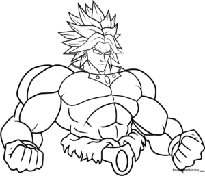 Black and white line art of Broly from Dragon Ball, featuring clear outlines for coloring his iconic hair and muscular physique.