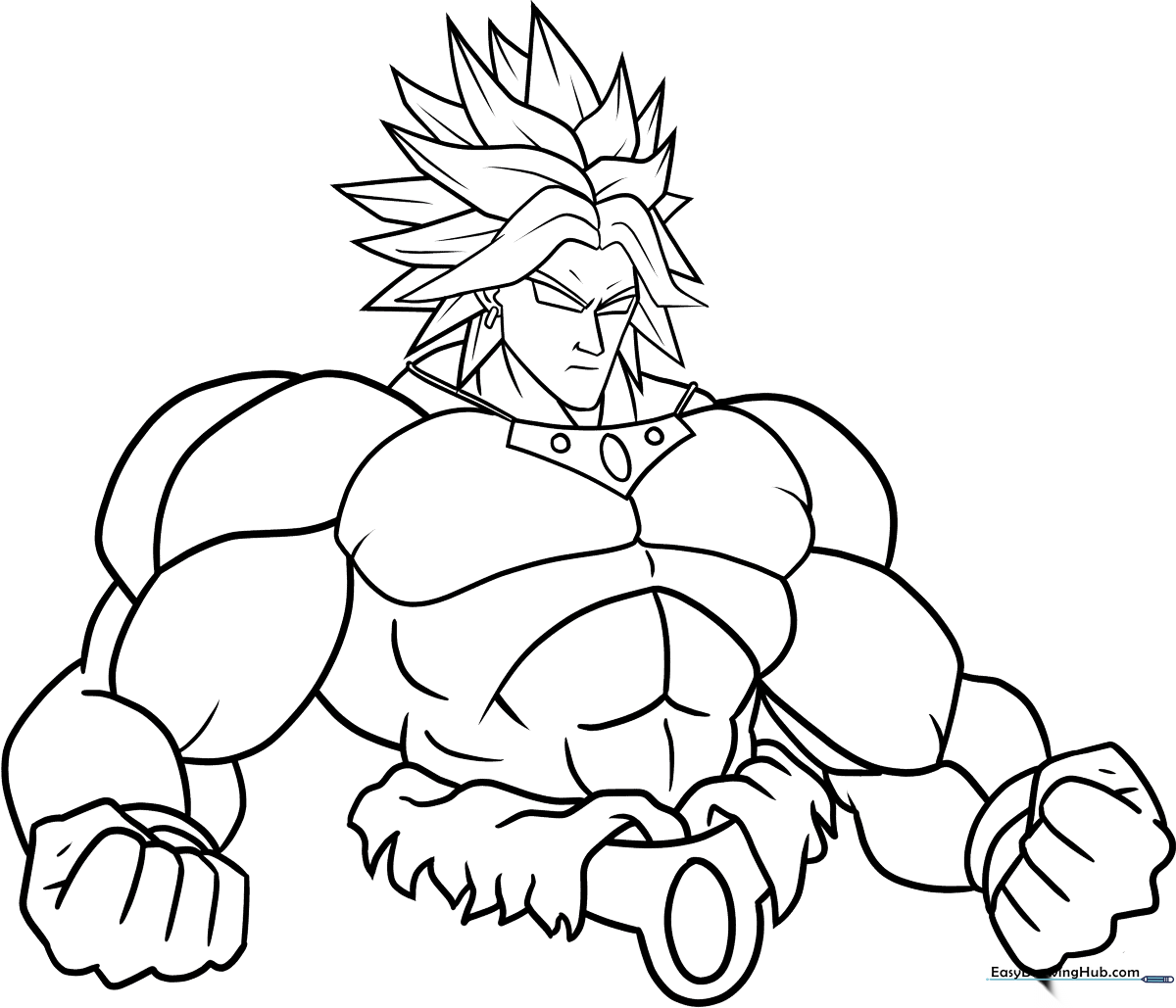 Black and white line art of Broly from Dragon Ball, featuring clear outlines for coloring his iconic hair and muscular physique.