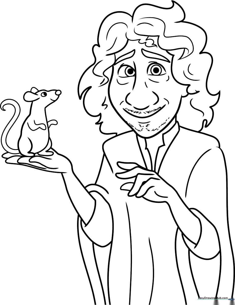Line art illustration of Bruno from Encanto featuring his signature ruana and wavy hair, ready for coloring.