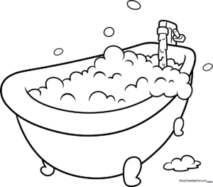 Black and white line art of a bathtub filled with large, round bubbles, designed for children to color.
