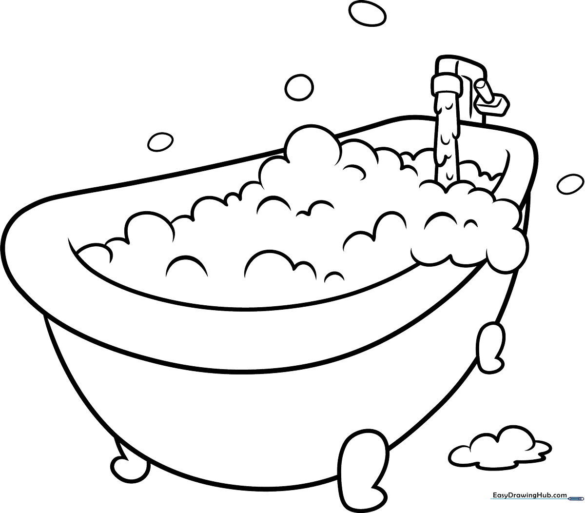 Black and white line art of a bathtub filled with large, round bubbles, designed for children to color.