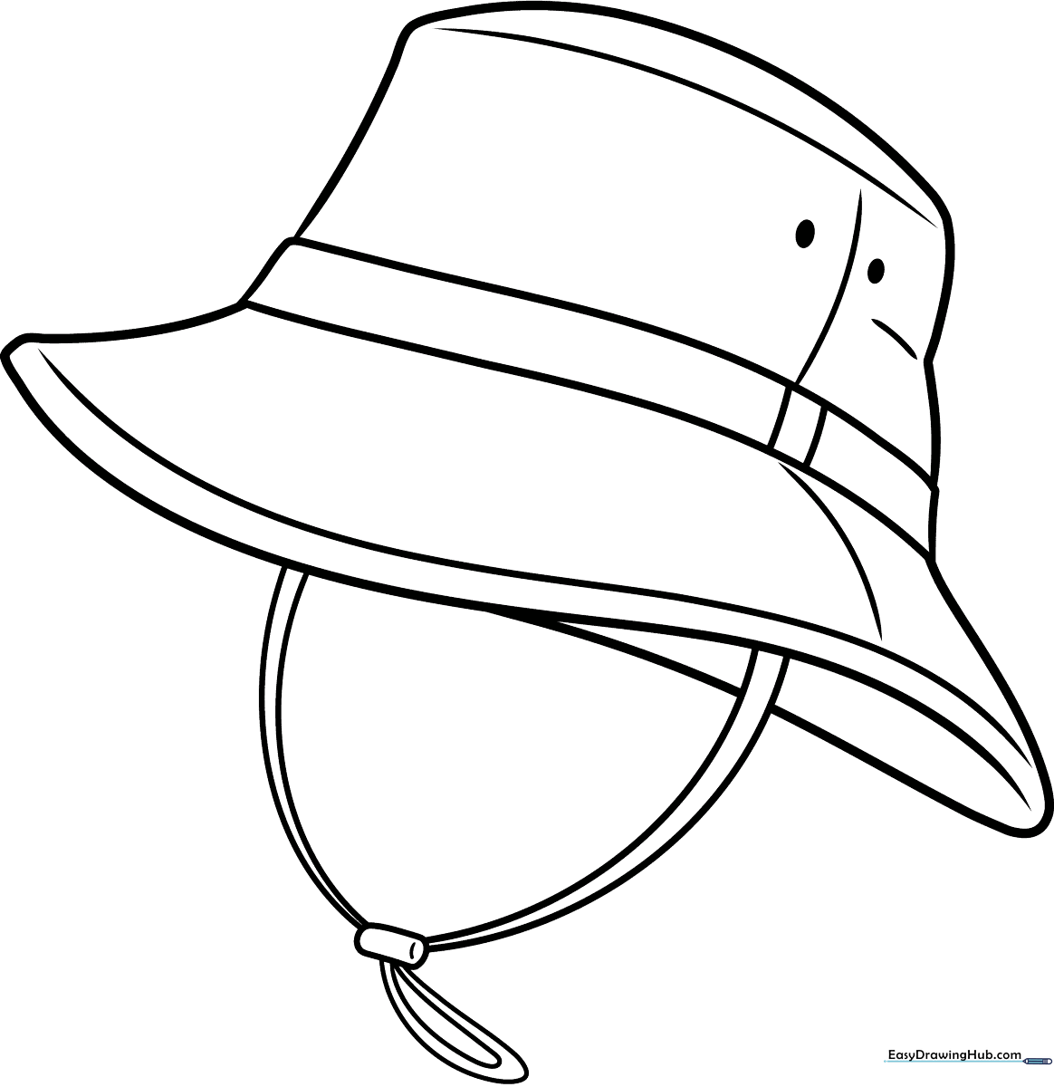 Black and white line art of a classic bucket hat with a wide brim, ready for children to color with markers or crayons.