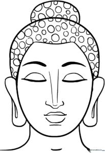 Line art illustration of Buddha sitting in a meditative pose with clear outlines for easy coloring by children.
