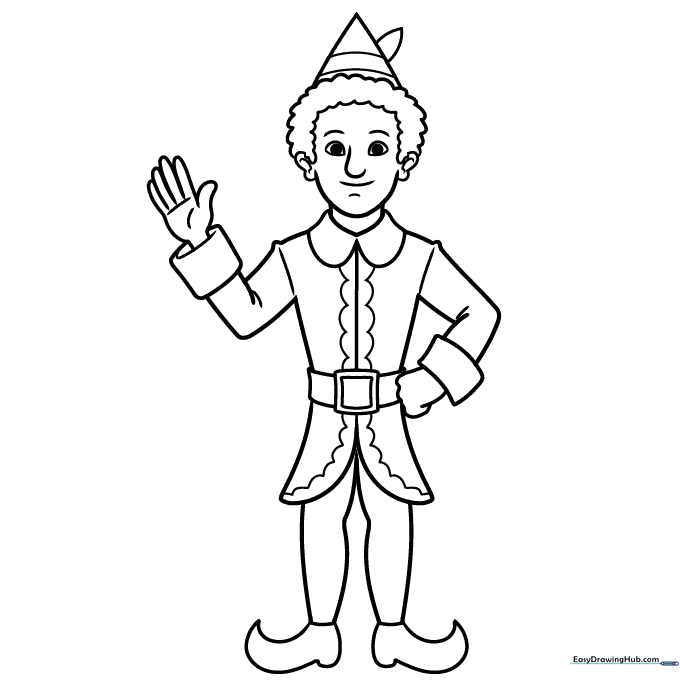 Black and white line art of Buddy the Elf standing in his iconic outfit, featuring clear outlines for easy coloring by children.