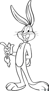 Black and white line art of Bugs Bunny standing in a classic pose, featuring clear outlines for easy coloring by children.