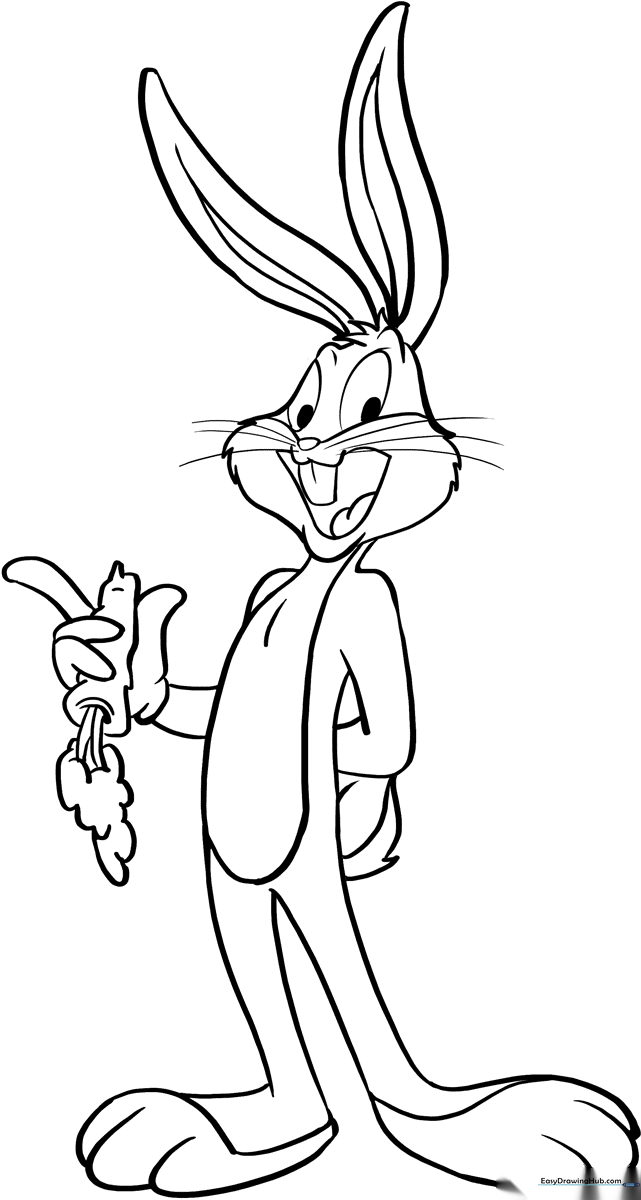 Black and white line art of Bugs Bunny standing in a classic pose, featuring clear outlines for easy coloring by children.