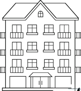 A clean, black-and-white line art illustration of a friendly cartoon building with windows and a door, ready for children to color.