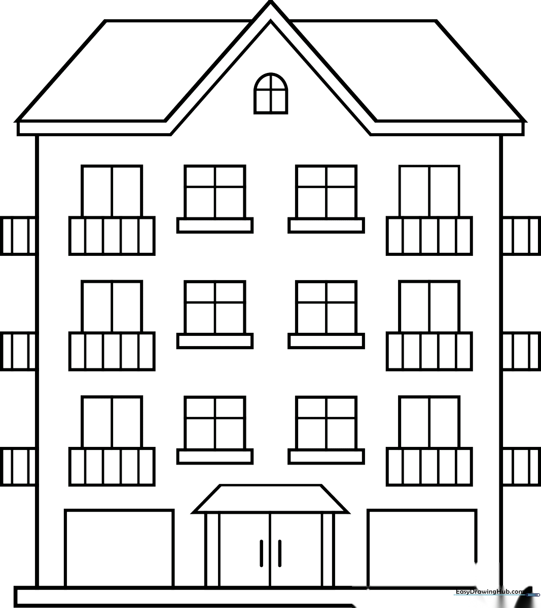 A clean, black-and-white line art illustration of a friendly cartoon building with windows and a door, ready for children to color.