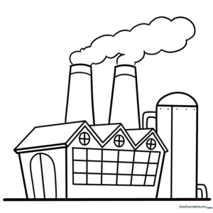 Detailed line art of an industrial factory with smokestacks for children to color.
