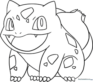 Black and white line art of Bulbasaur standing, featuring clear outlines for children to color the bulb, spots, and body.