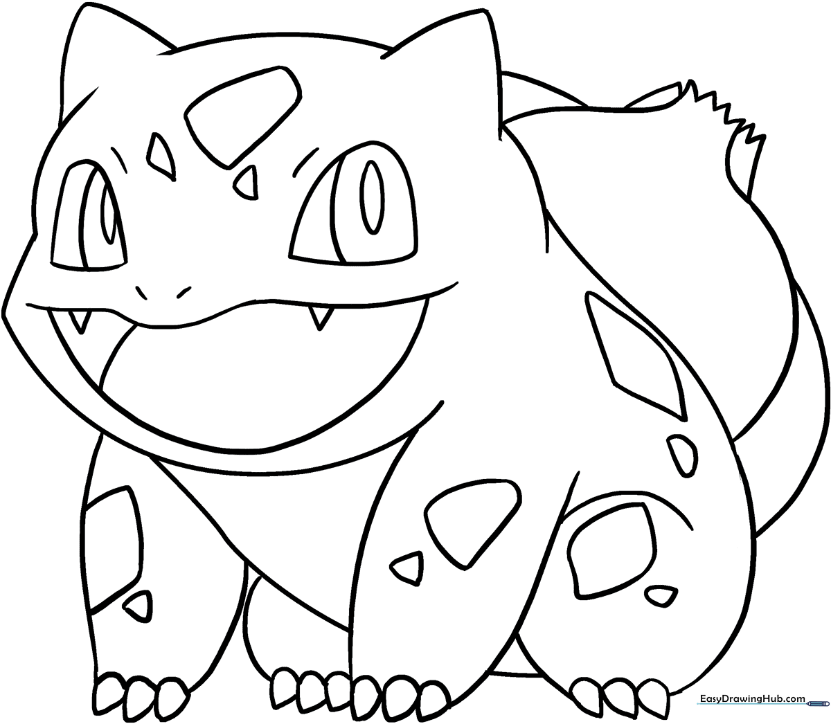 Black and white line art of Bulbasaur standing, featuring clear outlines for children to color the bulb, spots, and body.