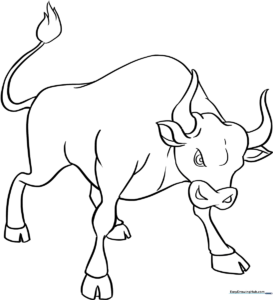 A friendly cartoon bull with large horns and a gentle expression, outlined in bold black lines for easy coloring by children.