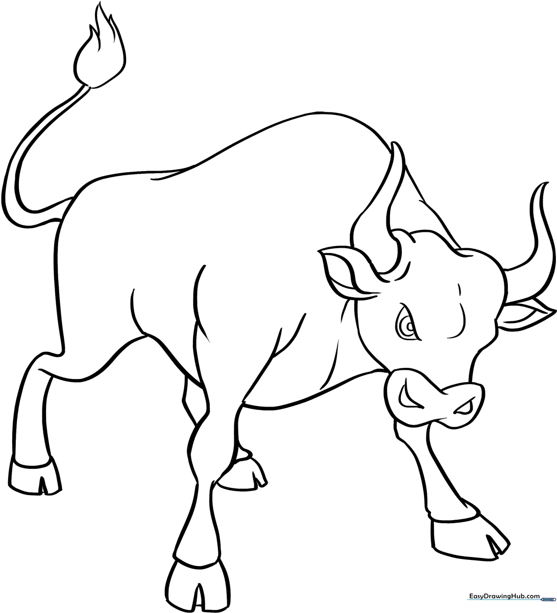 A friendly cartoon bull with large horns and a gentle expression, outlined in bold black lines for easy coloring by children.