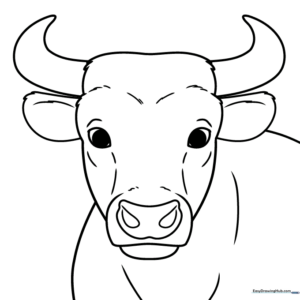 Black and white line art of a friendly bull head with large horns and expressive eyes, ready for coloring.