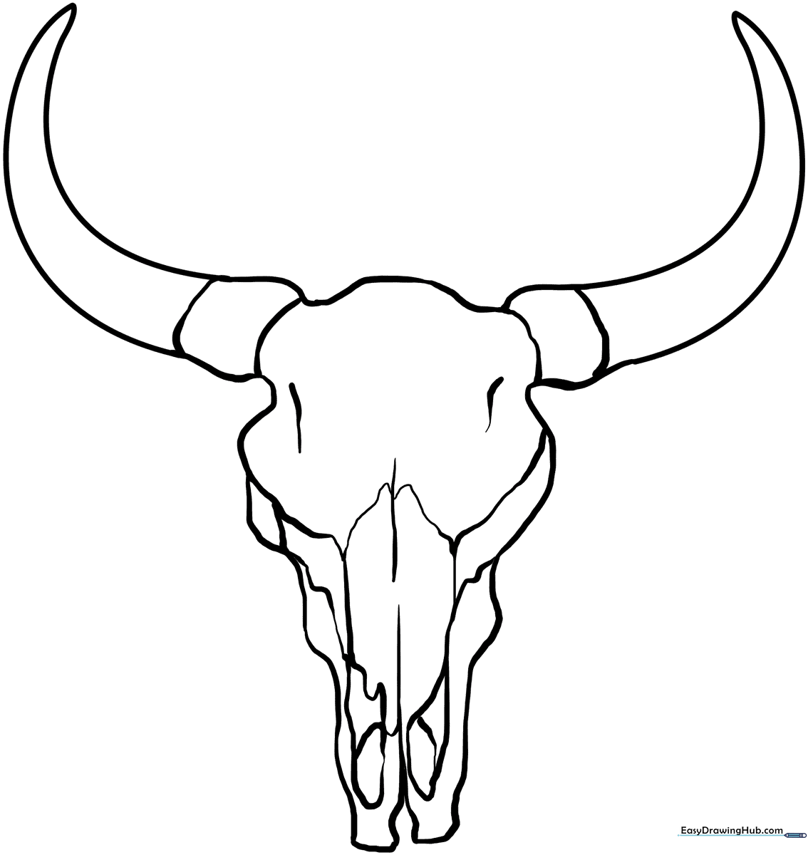 Black and white line art of a bull skull with large horns, designed for coloring practice.