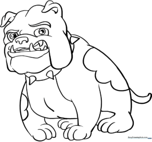 A clean, black-and-white line art illustration of a friendly bulldog with distinct facial folds, perfect for children to color with markers or crayons.