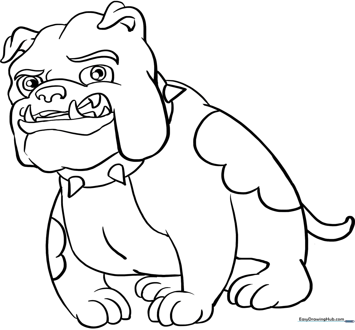 A clean, black-and-white line art illustration of a friendly bulldog with distinct facial folds, perfect for children to color with markers or crayons.