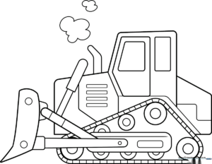 A clean, bold-lined illustration of a cartoon bulldozer with a large front blade and heavy-duty treads, designed for easy coloring by children.