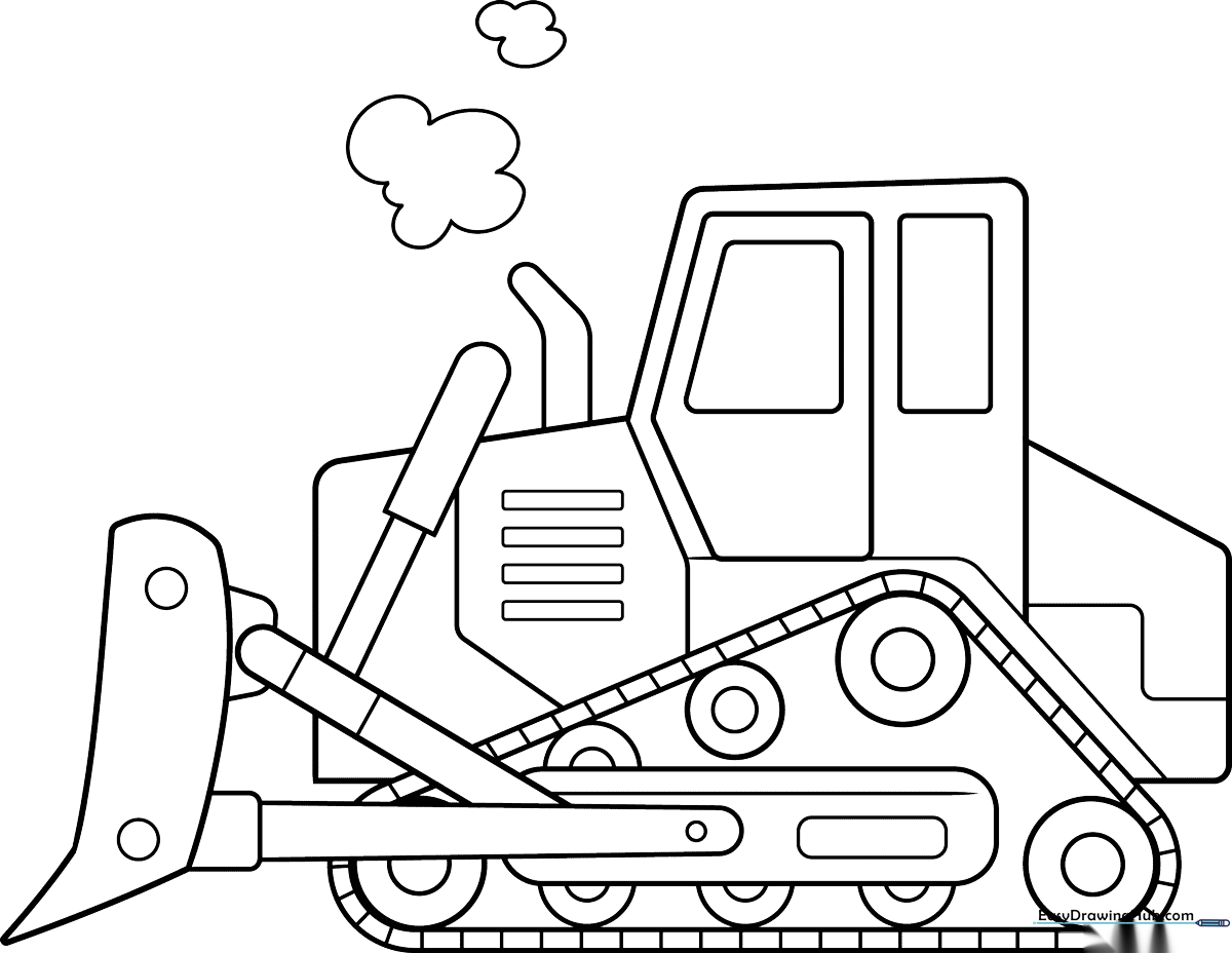 A clean, bold-lined illustration of a cartoon bulldozer with a large front blade and heavy-duty treads, designed for easy coloring by children.