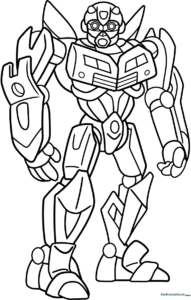 Black and white line art of Bumblebee from Transformers standing in a heroic pose, featuring clear outlines for easy coloring by children.